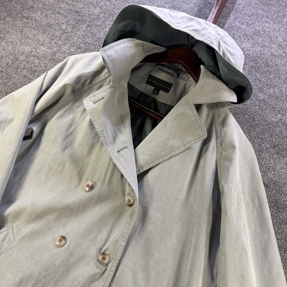 Gallery Double Breasted Hooded Trench Coat Sage Green Womens Size L